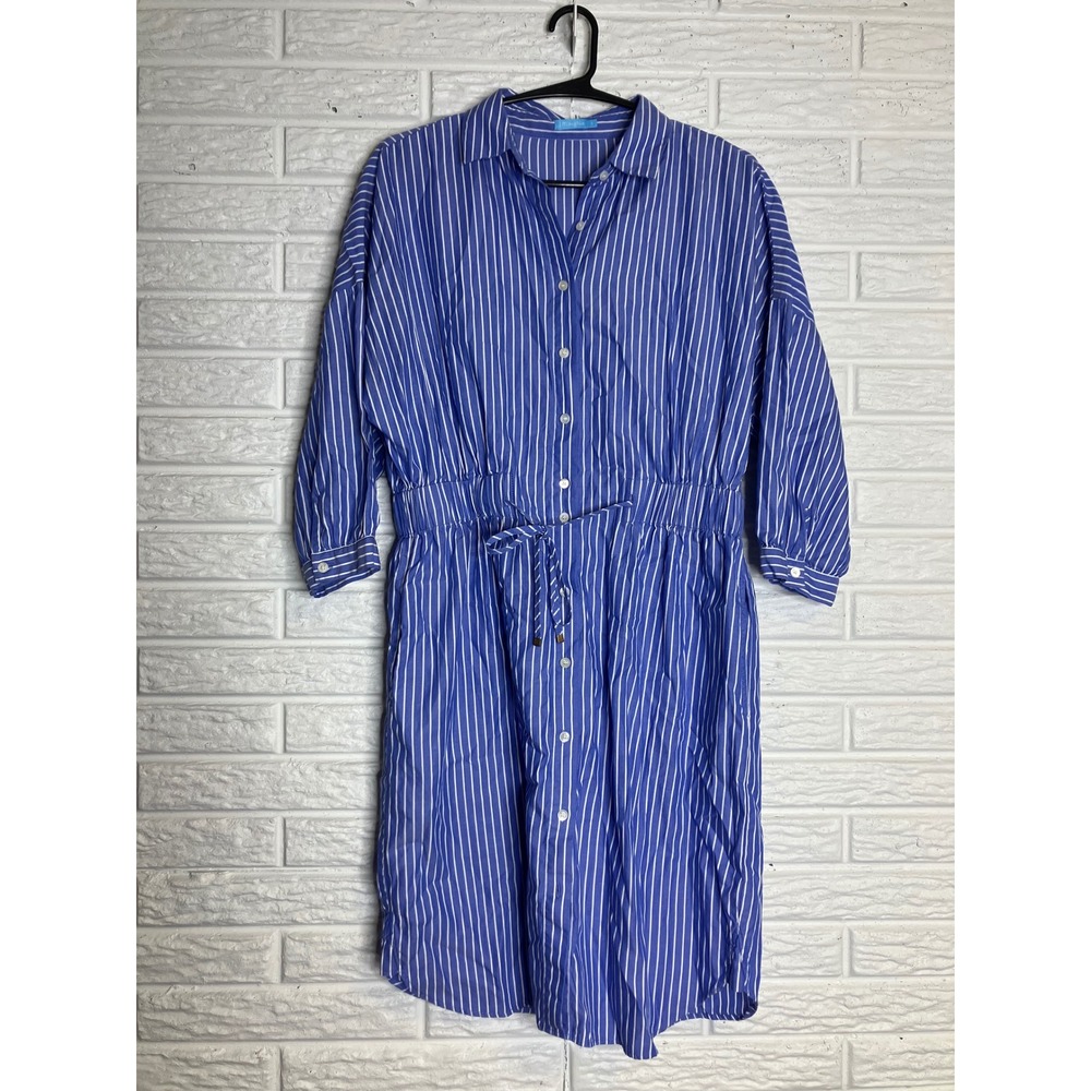 J.McLaughlin Shirt Dress Womens S Blue Excellent Striped Cotton Drawstring Waist